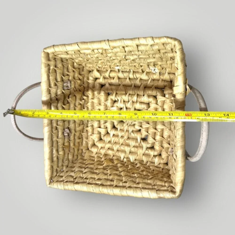 Home Trends Grass Basket with Leather Handle Vertical Weave Muted Yellow Beige - Picture 10 of 10